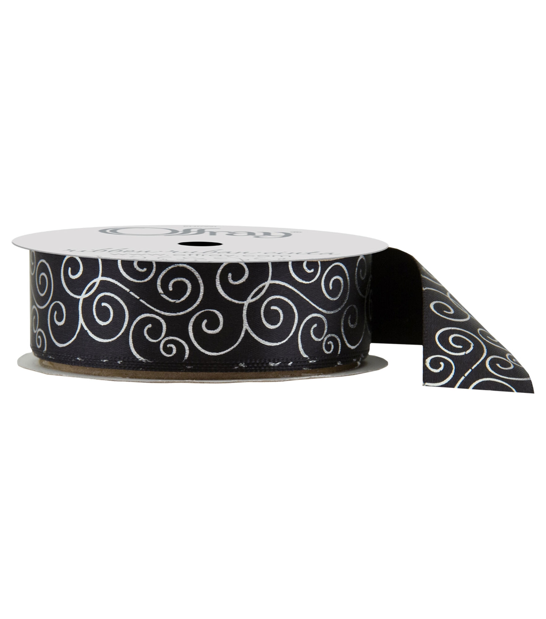 Offray 7/8" x 9' Metallic Scroll Single Faced Satin Ribbon, Black, hi-res