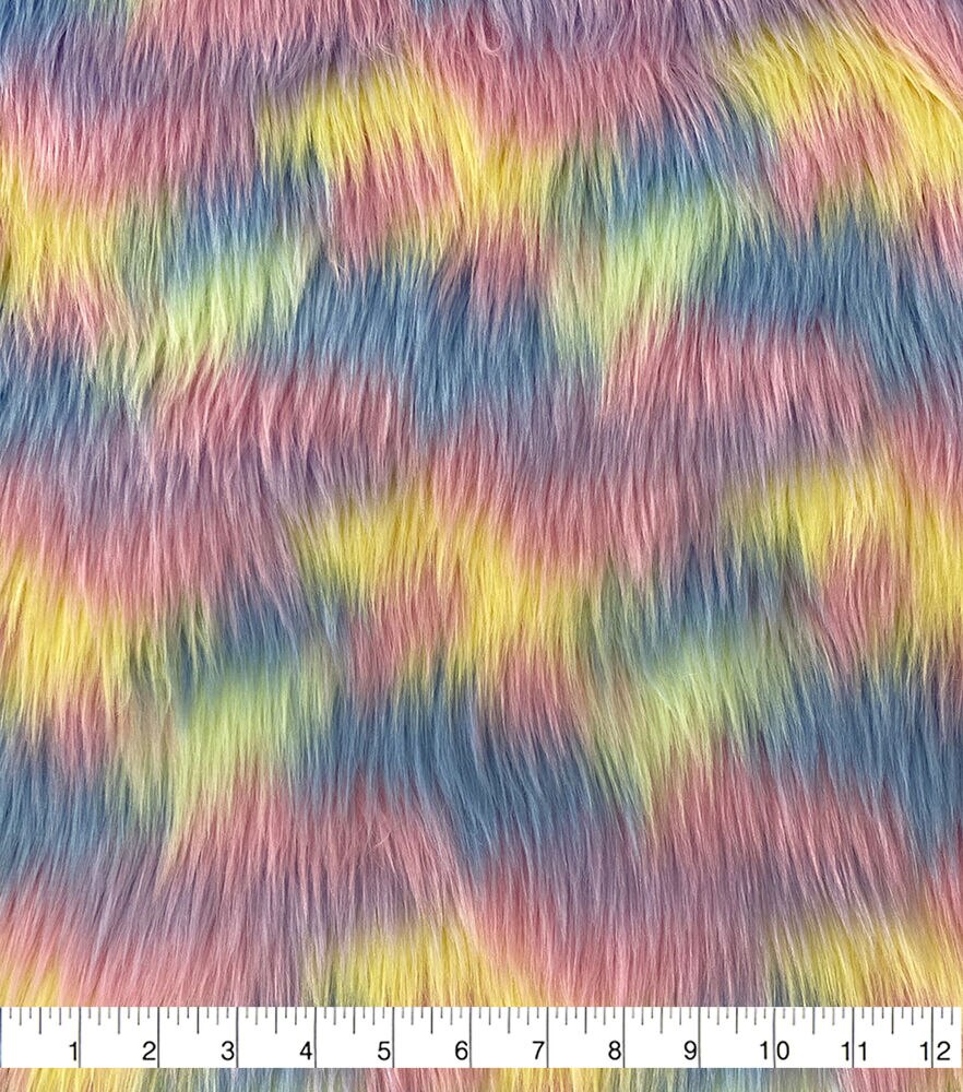 Multi Color Faux Fur Fabric, Pastel Rainbow, swatch, image 1