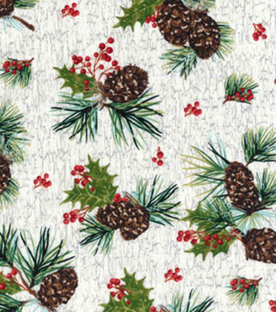 Pinecones on White Woodgrain Christmas Cotton Fabric