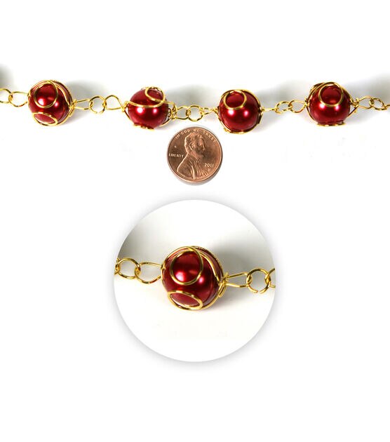 7" Gold Wire Wrapped Red Round Pearl Glass Strung Beads by hildie & jo