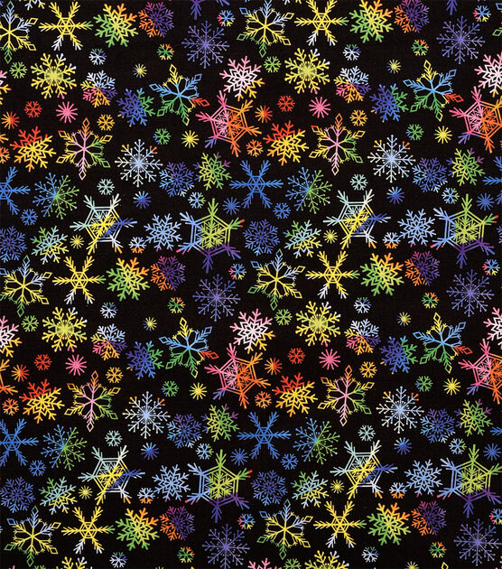 Multicolor Snowflakes on Black Christmas Cotton Fabric, , hi-res, image 2