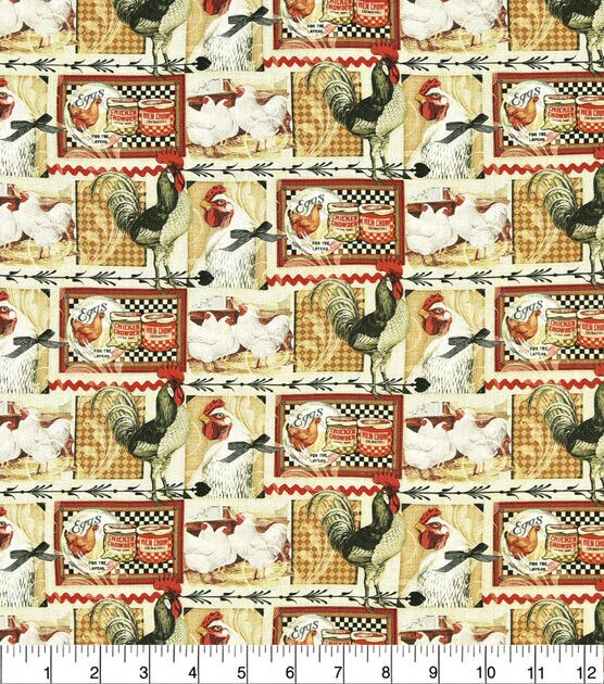 Multi Roosters Red Novelty Cotton Fabric, , hi-res, image 2