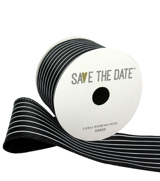 Save the Date 2.5" x 15' White Stripes on Black Ribbon