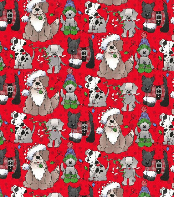 Fabric Traditions Pups on Red Christmas Glitter Cotton Fabric