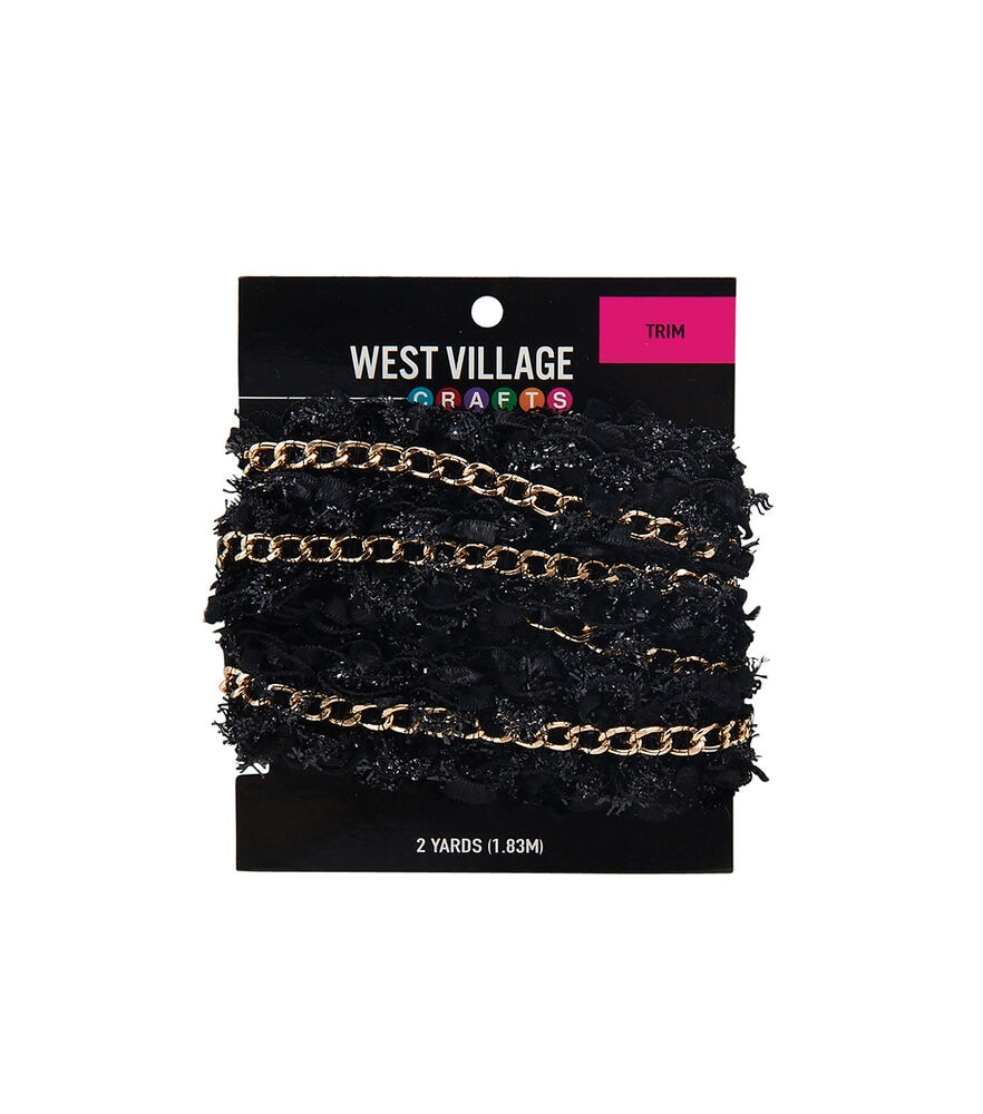 West Village Crafts Sew on Tweed Trim with Chain, Black, swatch
