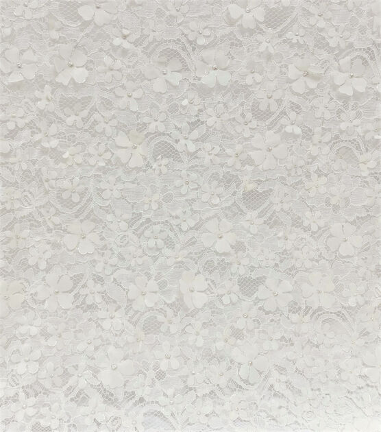 White 3D Floral On Lace Fabric by Sew Sweet, , hi-res, image 1