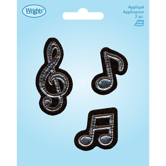 Wrights 3ct Black & Silver Music Notes Iron On Patches