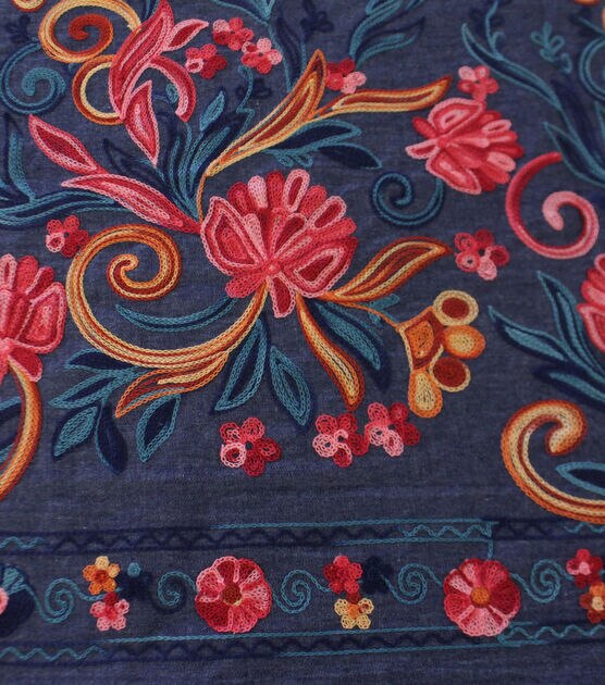 Dark Wash Multicolor Border Floral Embroidery Cotton Denim Fabric, , hi-res, image 2