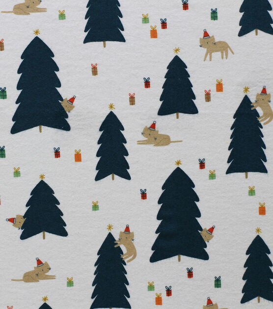Cats & Trees on White Super Snuggle Christmas Flannel Fabric, , hi-res, image 1