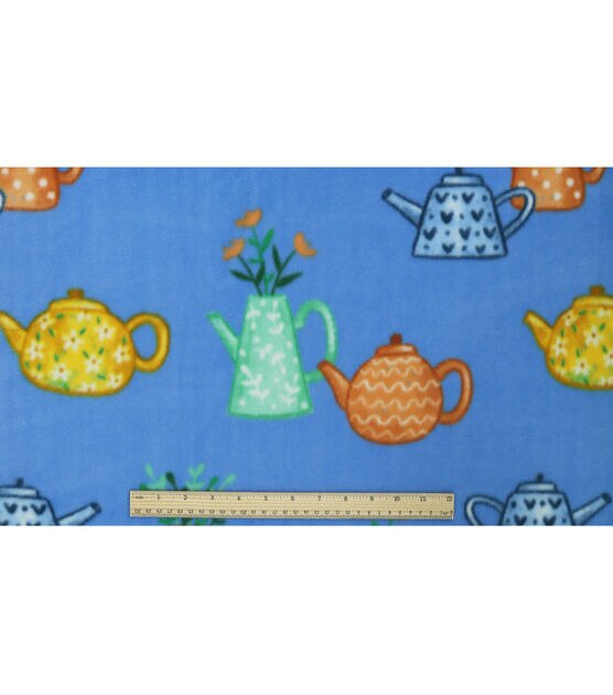 Home Grown Flower Tea Pots on Blue Anti Pill Fleece Fabric, , hi-res, image 4