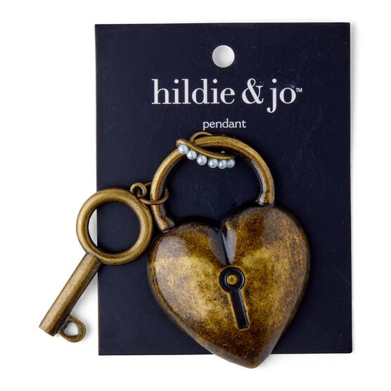 3" x 2" Antique Gold Heart Lock & Key Pendant by hildie & jo