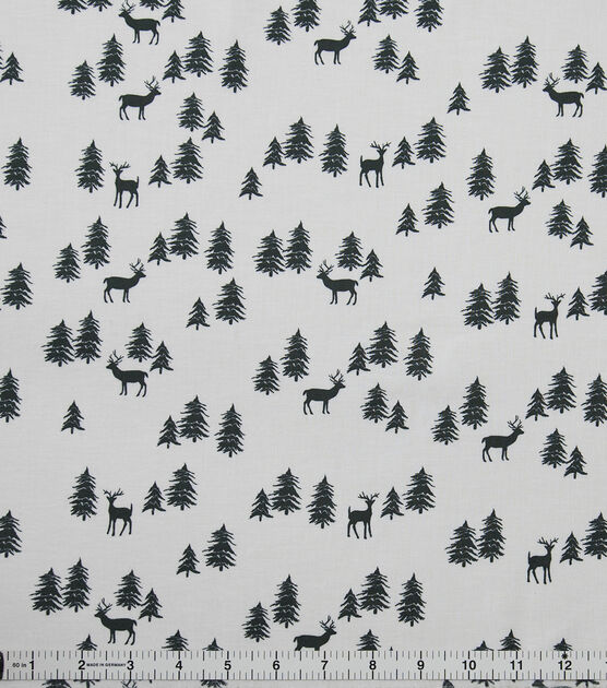 Deer in Forest on White Christmas Cotton Fabric