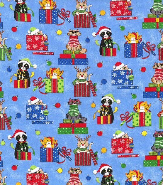 Fabric Traditions Cats With Presents on Blue Christmas Cotton Fabric, , hi-res, image 2