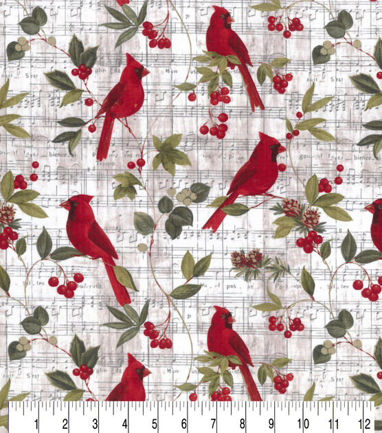 Cardinal & Leaf on Music Notes Christmas Cotton Fabric