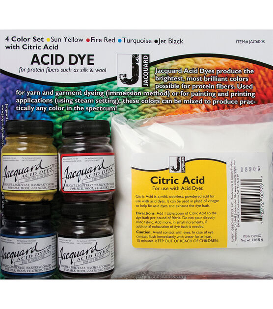 Jacquard Acid Dye 4 Color Set with Citric Acid-Yellow, Turquoise, Red &  Black