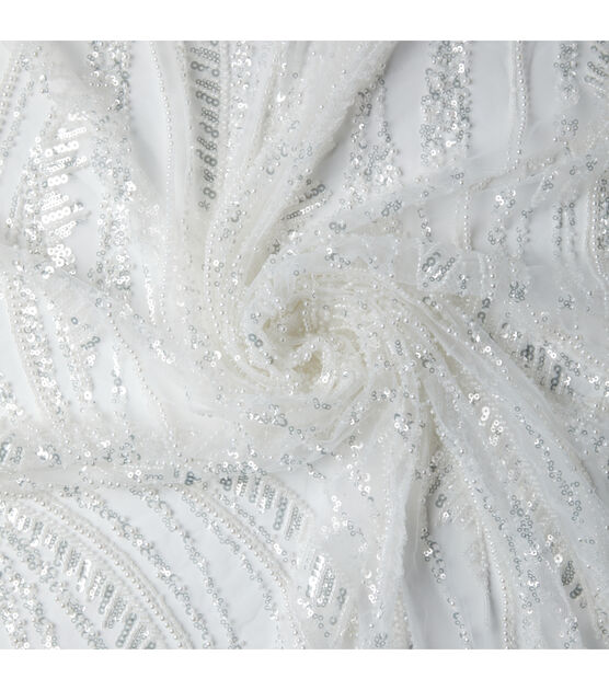 Badgley Mischka White Pearl Sequin Beaded Mesh Fabric, , hi-res, image 3