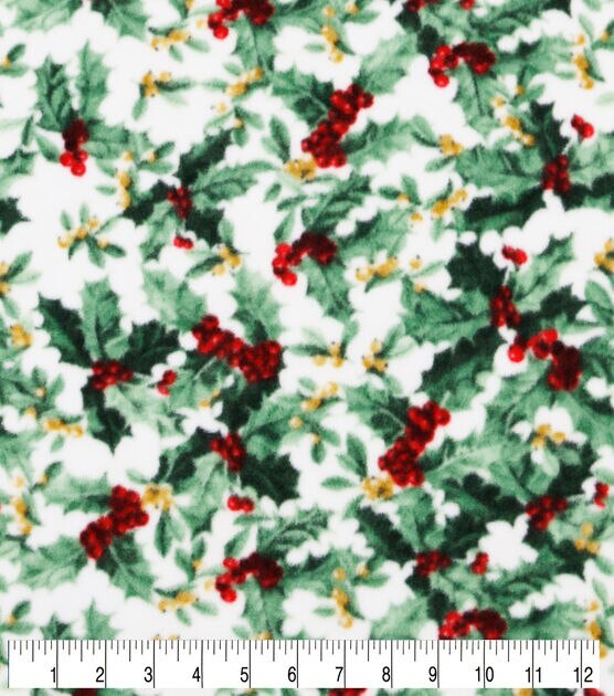 Green Holly & Berries Anti Pill Fleece Fabric, , hi-res, image 2