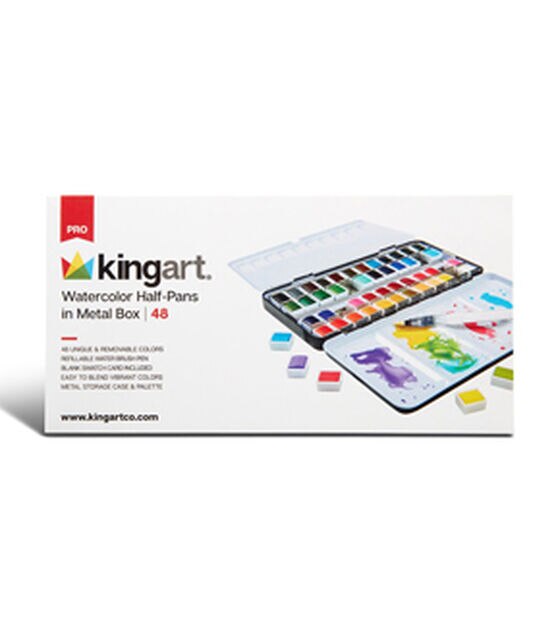 Kingart Pro Artist Watercolor Half Pans Tin Box w/ Water Brush Set 48pc