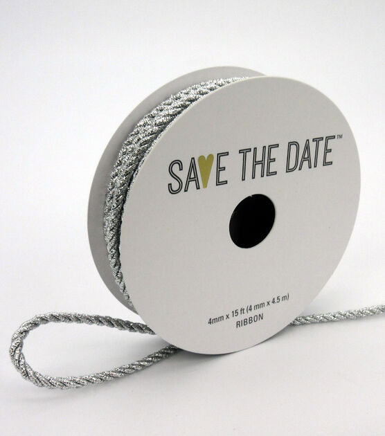 Save the Date 4mm x 15' Metallic Silver Cord Ribbon