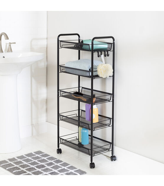 Honey Can Do 17.5" x 41" Black 5 Tier Storage Cart With 4 Hooks & Wheels, , hi-res, image 2