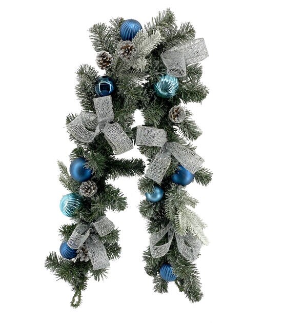 72" Christmas Blue Bauble & Silver Bow Garland by Bloom Room