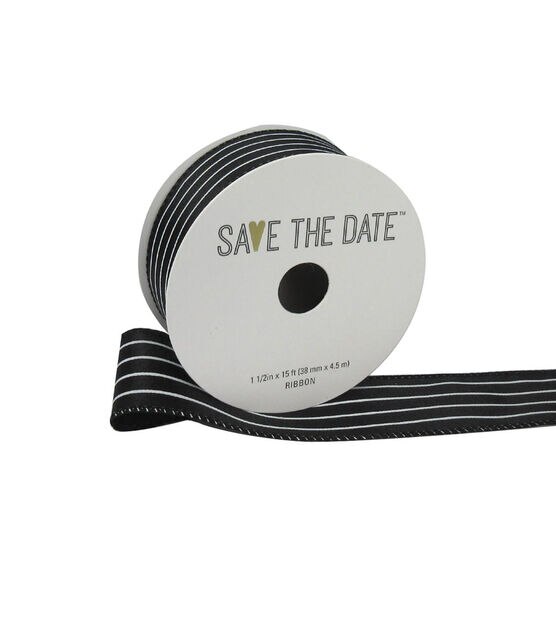 Save the Date 1.5" x 15' White Stripes on Black Ribbon