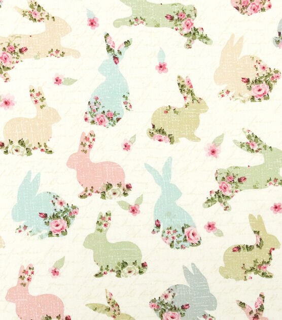 Bunnies with Roses On Words Easter Cotton Fabric