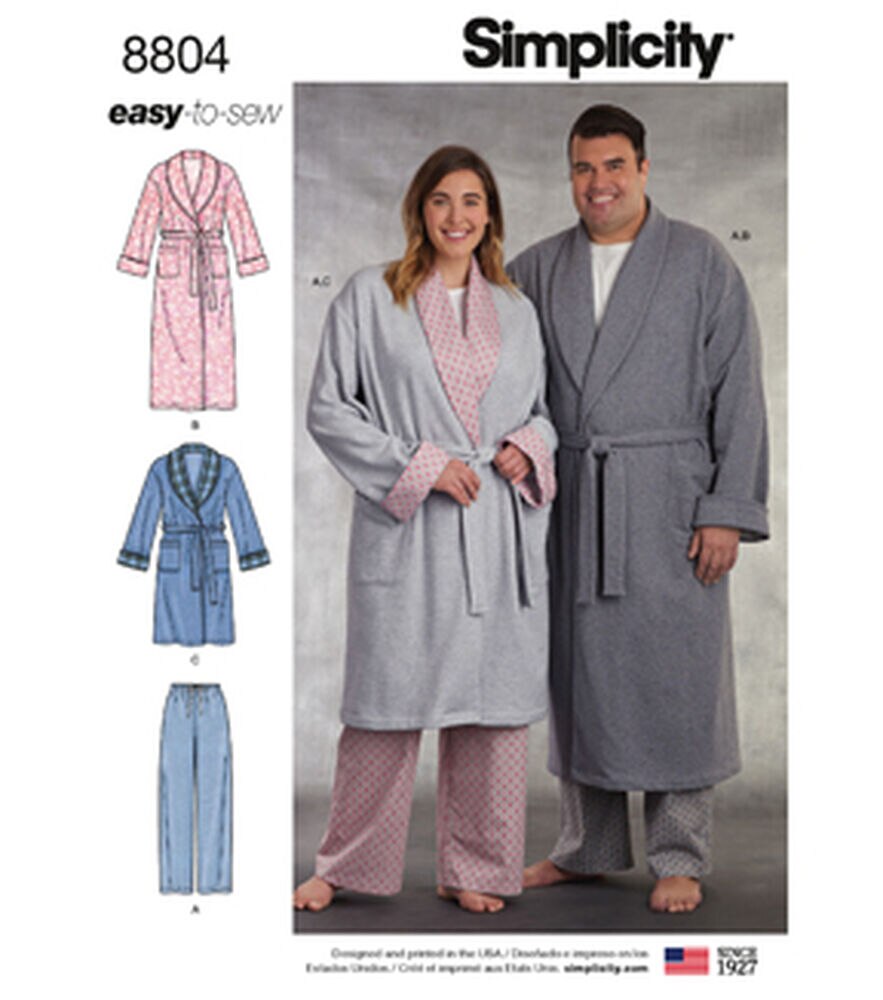 Simplicity S8804 Size S to 3XL Unisex Sleepwear Sewing Pattern, Bb (44-46-48-50-52), swatch