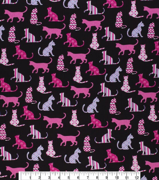 Novelty Cotton Fabric Patterned Pink Cats on Black, , hi-res, image 2