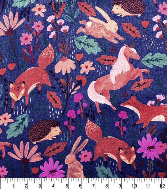 Horses And Squirrels Folk Blu Novelty Print Fabric, , hi-res, image 2