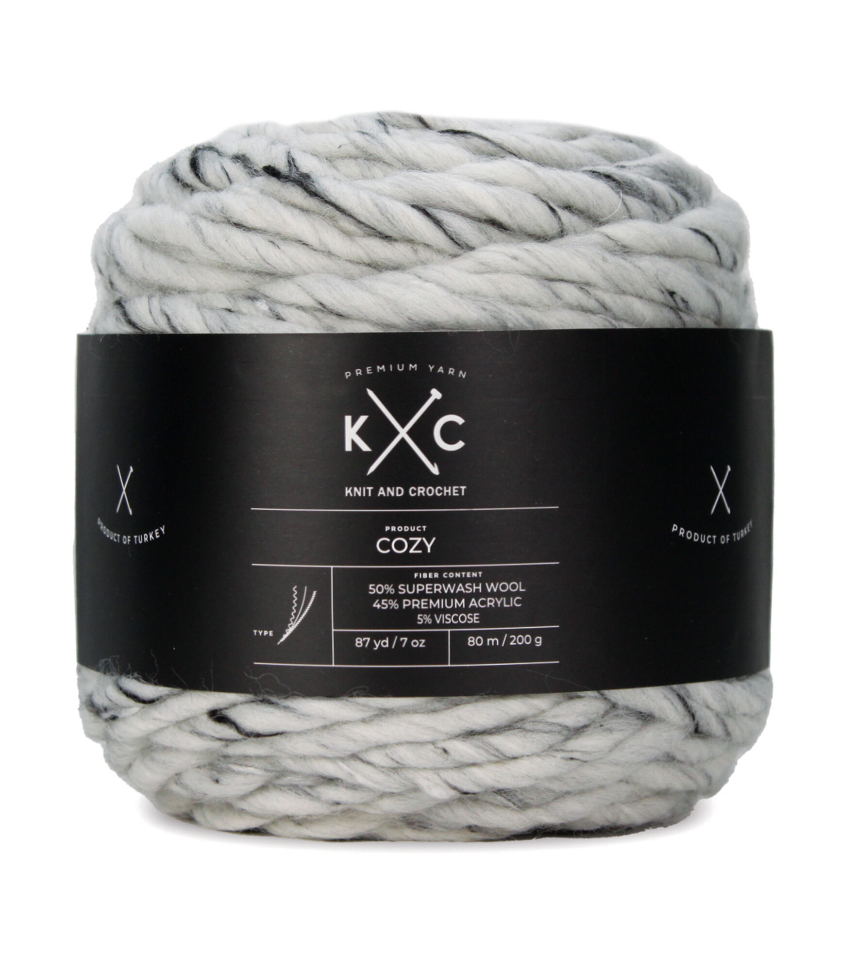 Cozy 87.5yds Super Bulky Wool Blend Yarn by K+C, Black Cream Multi, hi-res