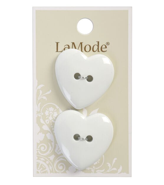 La Mode 1 1/4 White Heart 2 Hole Buttons 2pk