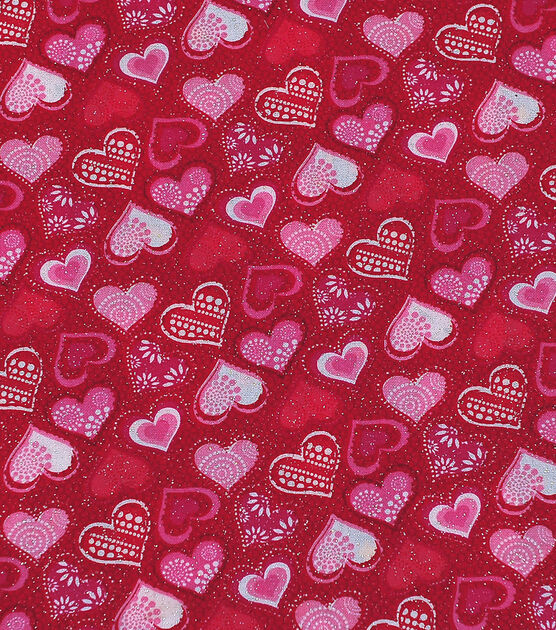 Patterned Hearts Red Valentine's Day Glitter Cotton Fabric, , hi-res, image 2