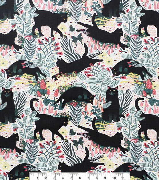 Black Cats On Floral Novelty Cotton Fabric, , hi-res, image 2