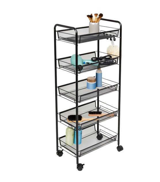 Honey Can Do 17.5" x 41" Black 5 Tier Storage Cart With 4 Hooks & Wheels, , hi-res, image 4