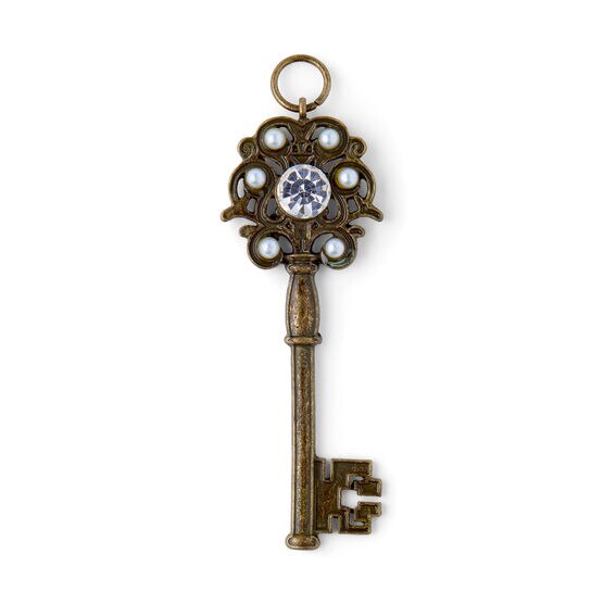 3" x 1" Antique Gold Key Pendant With Crystal & Pearls by hildie & jo, , hi-res, image 2