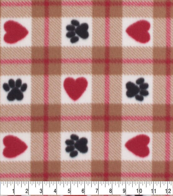 Heart Paw Tan Plaid Blizzard Fleece Fabric