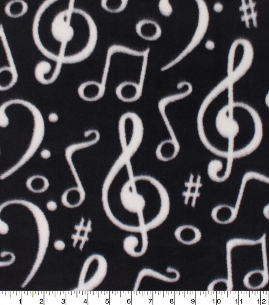 Music Notes on Black Anti Pill Fleece Fabric