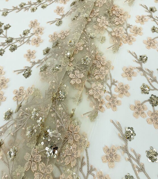 Gold Ditsy Floral Sequin Tulle Mesh Fabric, , hi-res, image 2