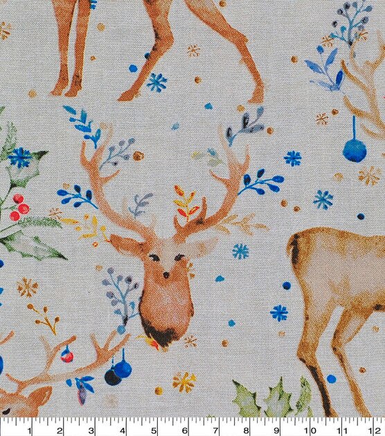 Watercolor Deer Christmas Cotton Fabric