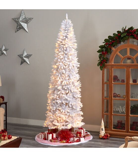 Nearly Natural 9' Warm White Pre Lit White Slim Pine Christmas Tree, , hi-res, image 6