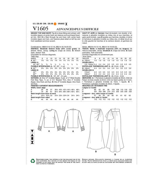 Vogue V1605 Size 6 to 14 Misses Top & Skirt Sewing Pattern, , hi-res, image 2