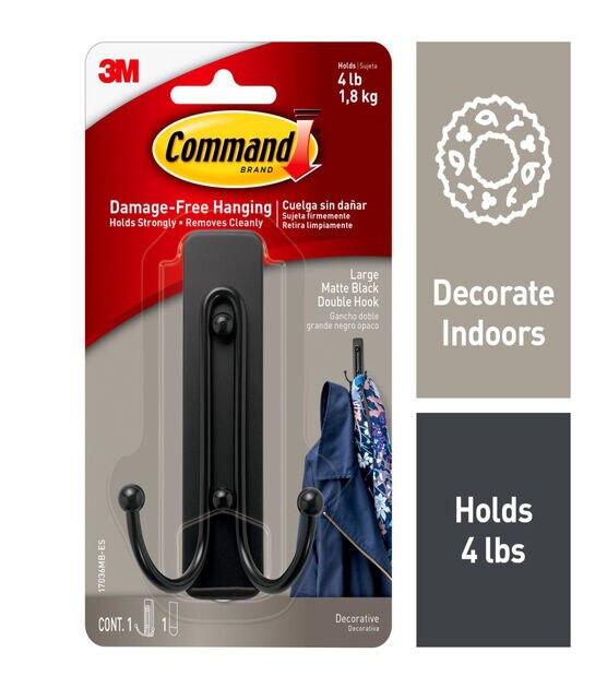 Command 4lbs Matte Black Large Decorative Double Hook & Strip