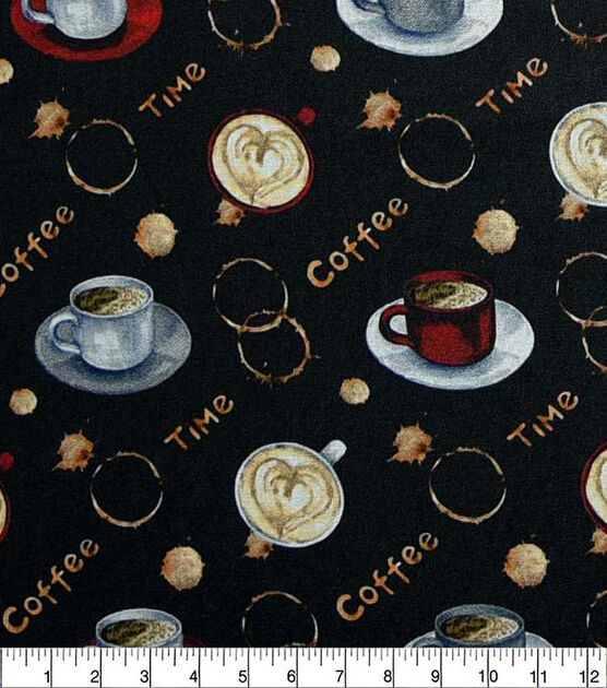 Coffee Time On Black Novelty Print Fabric, , hi-res, image 2