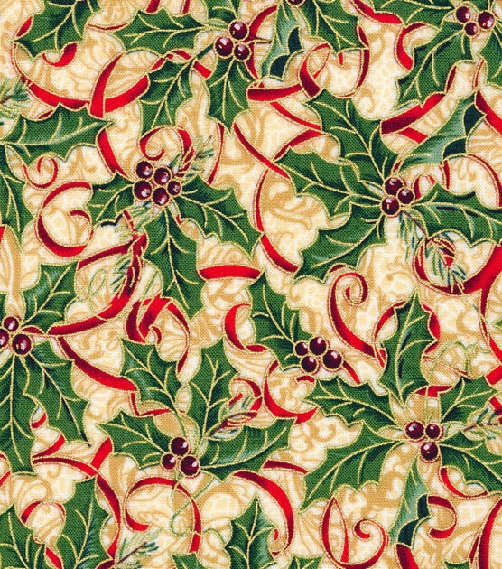 Robert Kaufman Holly & Ribbon Christmas Metallic Cotton Fabric