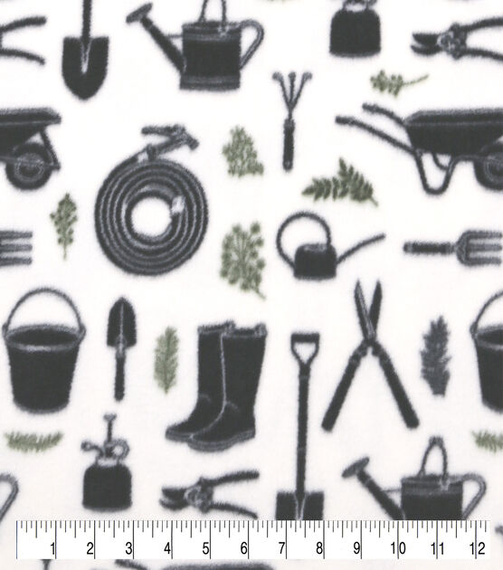 Gardening Tools on White Anti Pill Fleece Fabric, , hi-res, image 2
