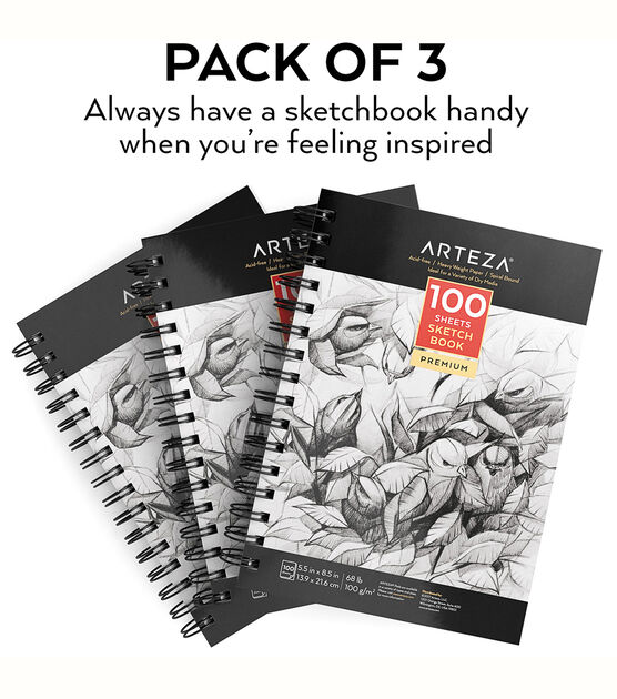 ARTEZA 5.5X8.5” Sketch Book, Pack of 3, 300 Sheets (68 lb/100gsm),  Spiral