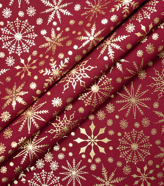 Elegant ed Snowflakes on Red Christmas Foil Cotton Fabric