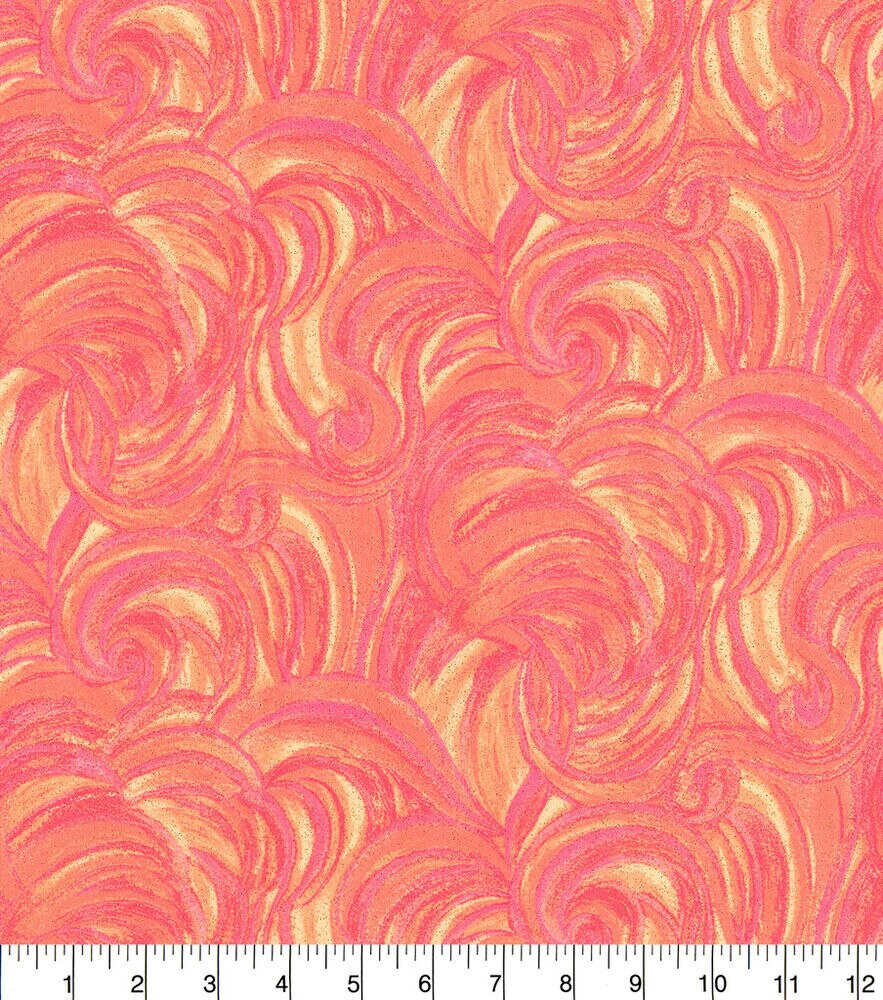 Fabric Traditions Harmony Swirl Glitter Cotton Fabric by Keepsake Calico, Coral, swatch