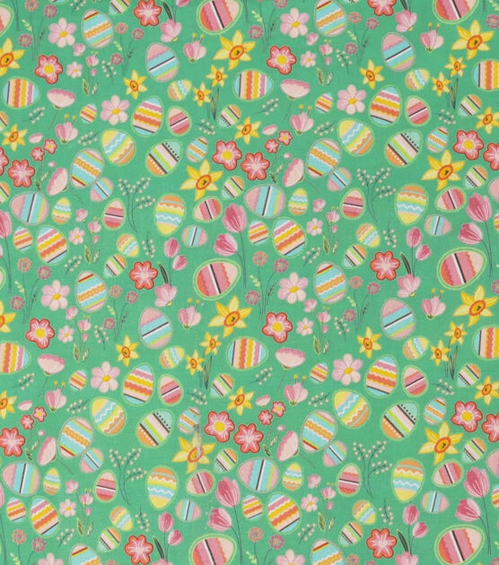 Colorful Eggs Green Easter Cotton Fabric